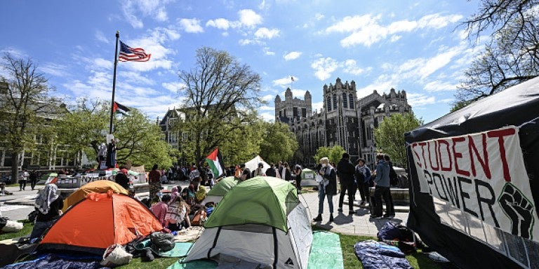 Students of City College of New York camp on the campus and take part in Gaza protest against Israeli attacks in New York, United States on April 25, 2024. Previously, Columbia University President Minouche Shafik authorized the New York Police Department to dismantle the 'Gaza Solidarity Encampment,' resulting in the arrest of 108 individuals. Similar actions have been taken by multiple universities, including Yale and New York University.